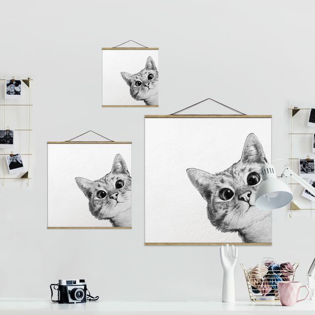 Fabric print with poster hangers - Illustration Cat Drawing Black And White