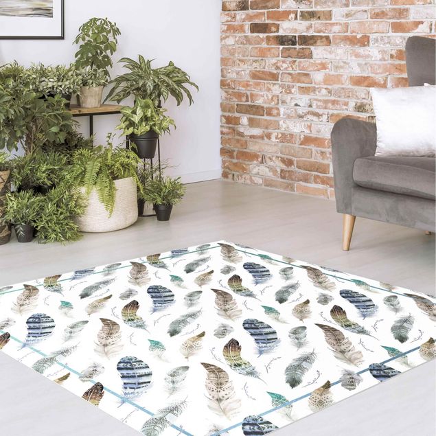 outdoor patio rugs Boho Watercolour Feathers In Earthy Colours With Frame