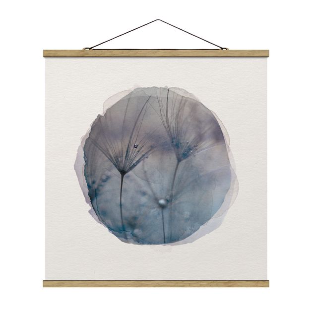 Fabric print with poster hangers - Water Colours - Blue Feathers In The Rain