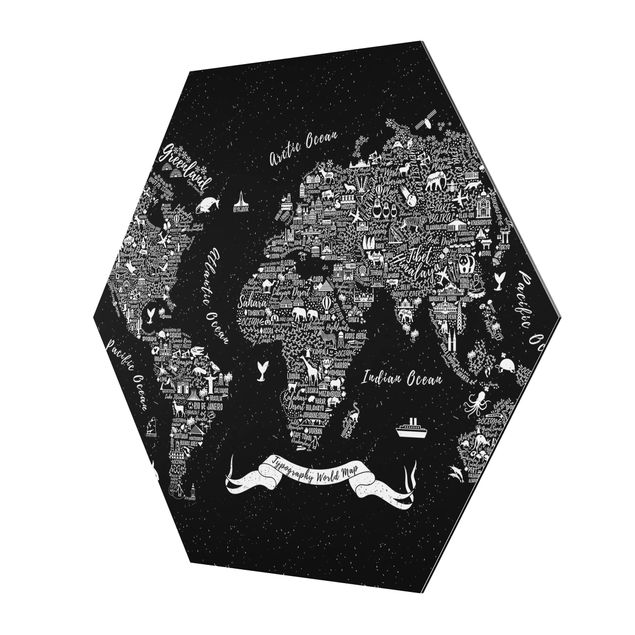Alu-Dibond hexagon - Typography World Map Black