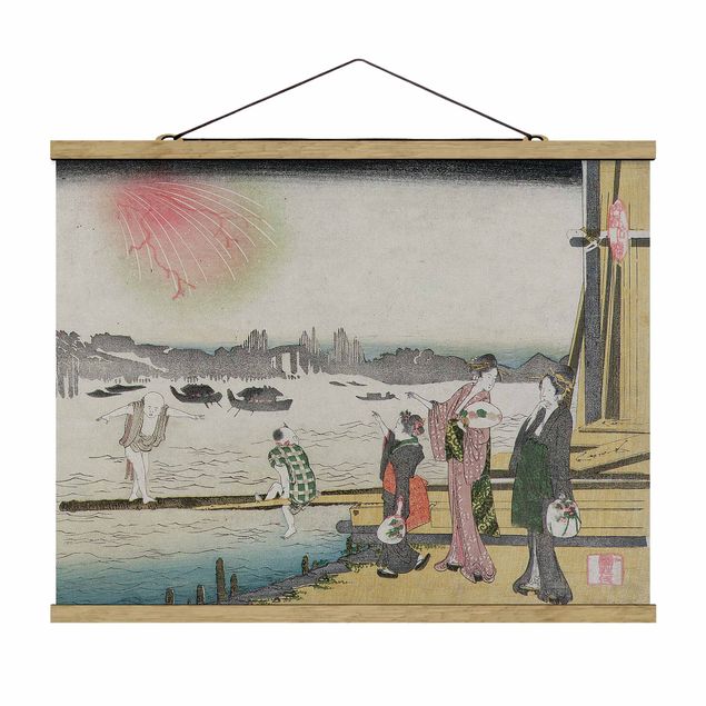 Fabric print with poster hangers - Katsushika Hokusai - A cool Evening in Ryogoku