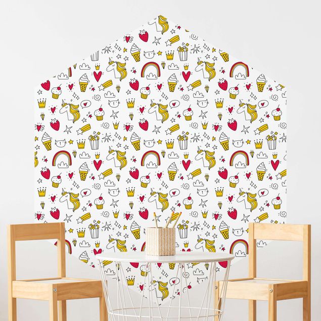 Hexagonal wall mural Unicorns And Sweets In Yellow And Red