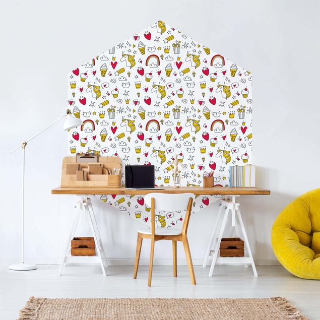Self-adhesive hexagonal pattern wallpaper - Unicorns And Sweets In Yellow And Red