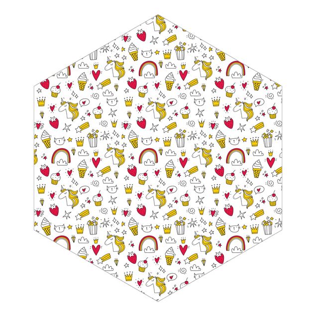 Self-adhesive hexagonal pattern wallpaper - Unicorns And Sweets In Yellow And Red