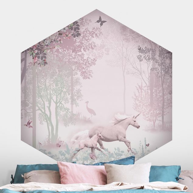 Hexagonal wallpapers Unicorn On Flowering Meadow In Pink