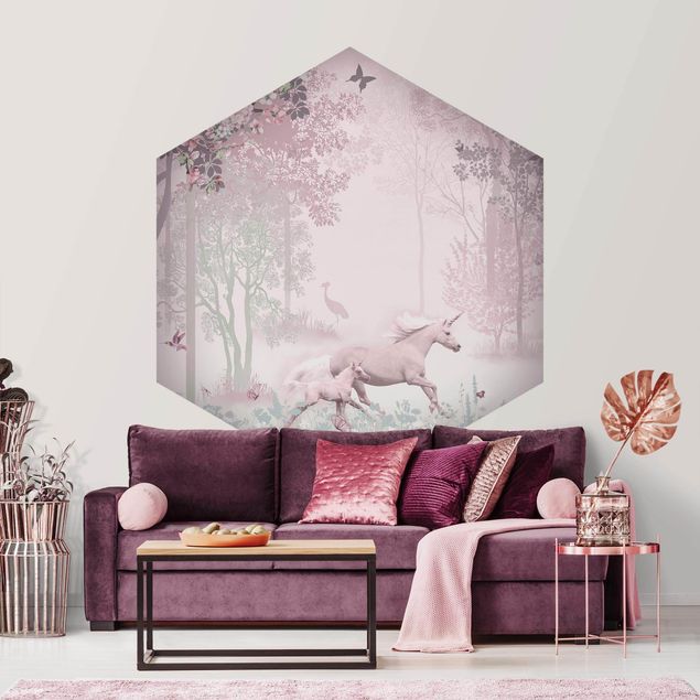 Self-adhesive hexagonal wall mural - Unicorn On Flowering Meadow In Pink