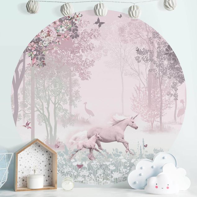Self-adhesive round wallpaper - Unicorn On Flowering Meadow In Pink