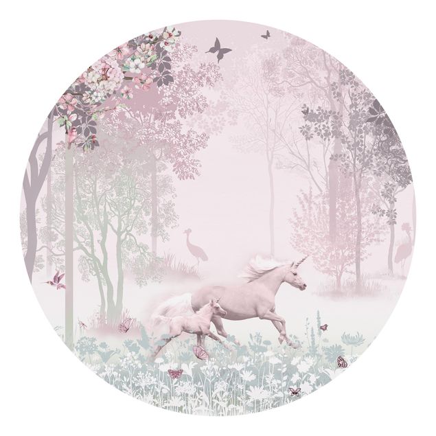 Self-adhesive round wallpaper - Unicorn On Flowering Meadow In Pink