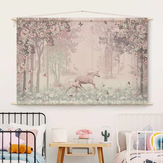 modern tapestry wall hanging Unicorn On Flowering Meadow In Pink