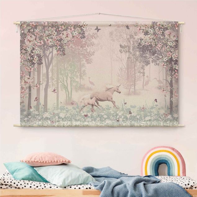 tapestry wall hanging Unicorn On Flowering Meadow In Pink