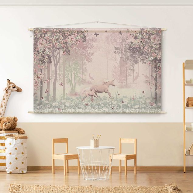 extra large wall tapestry Unicorn On Flowering Meadow In Pink