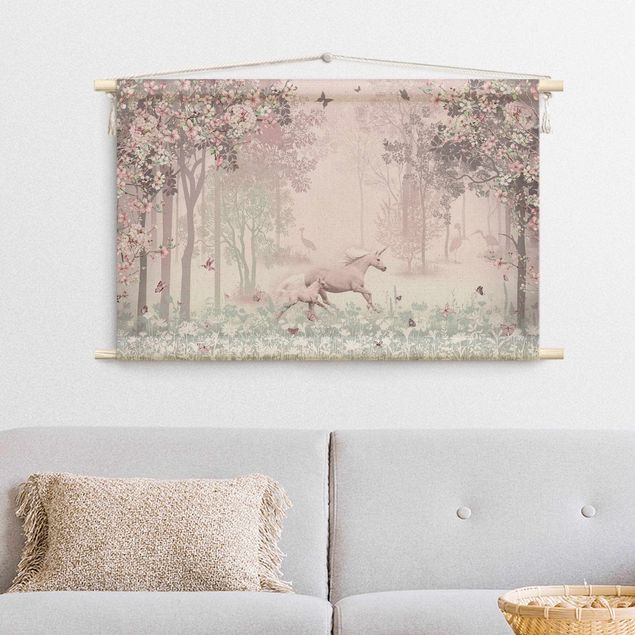 cloth wall hanging Unicorn On Flowering Meadow In Pink