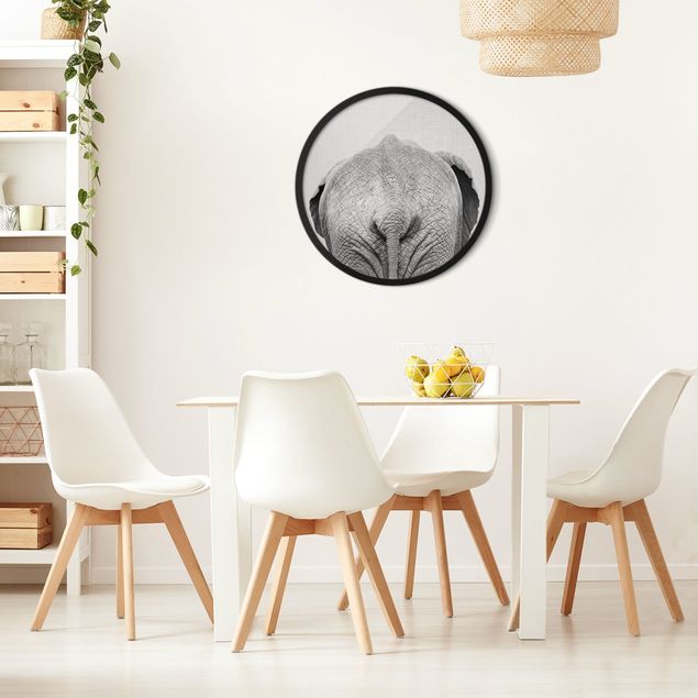 Circular framed print - Elephant From Behind Black And White