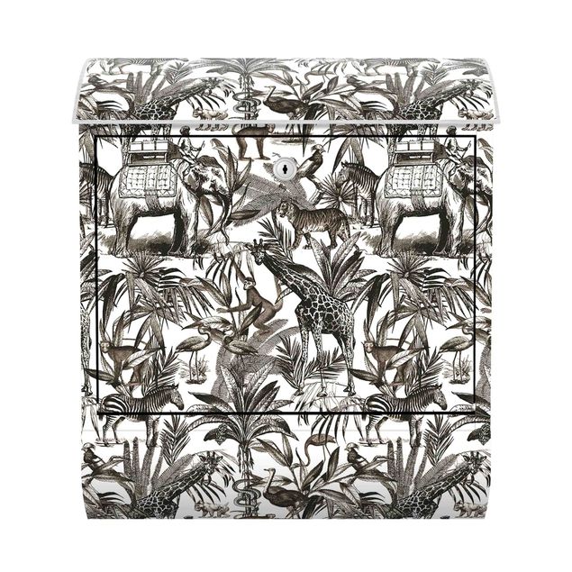 Letterbox - Elephants Giraffes Zebras And Tiger Black And White With Brown Tone