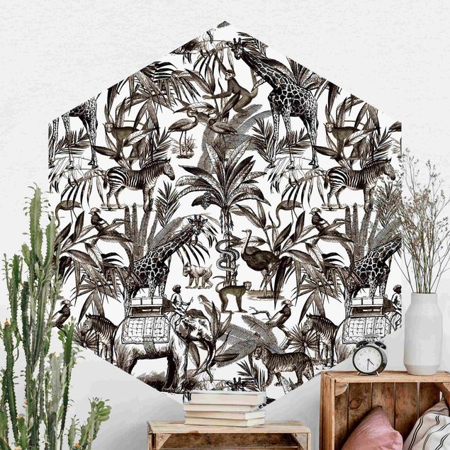 Hexagonal wall mural Elephants Giraffes Zebras And Tiger Black And White With Brown Tone