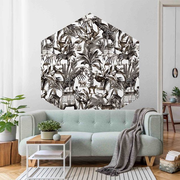 Self-adhesive hexagonal pattern wallpaper - Elephants Giraffes Zebras And Tiger Black And White With Brown Tone