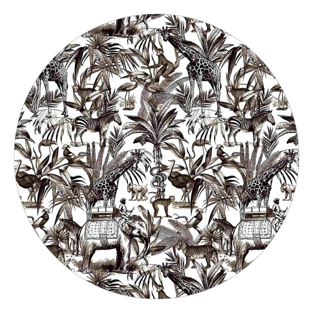 Self-adhesive round wallpaper - Elephants Giraffes Zebras And Tiger Black And White With Brown Tone