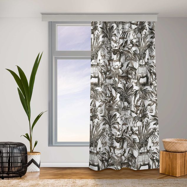 contemporary curtains Elephants Giraffes Zebras And Tiger Black And White With Brown Tone