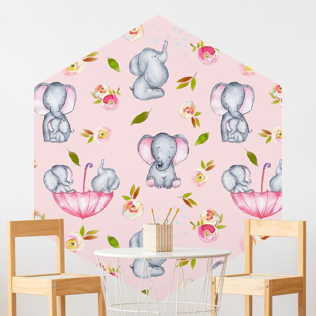 Hexagonal wall mural Elephant With Flowers In Front Of Pink