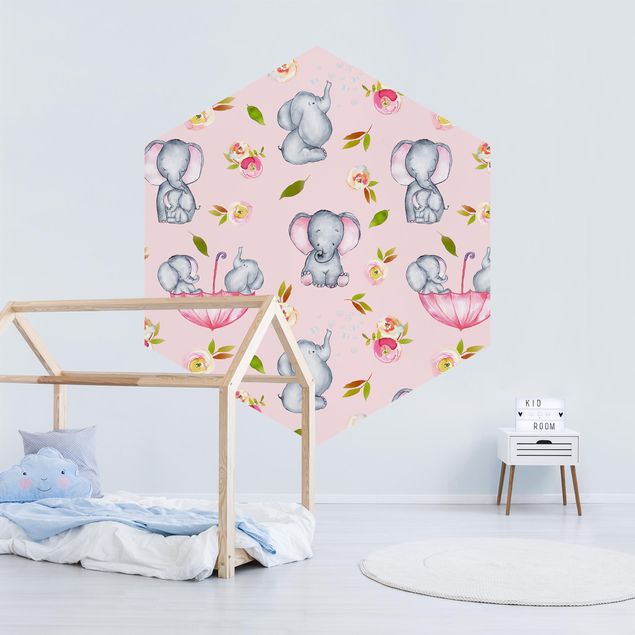 Self-adhesive hexagonal pattern wallpaper - Elephant With Flowers In Front Of Pink