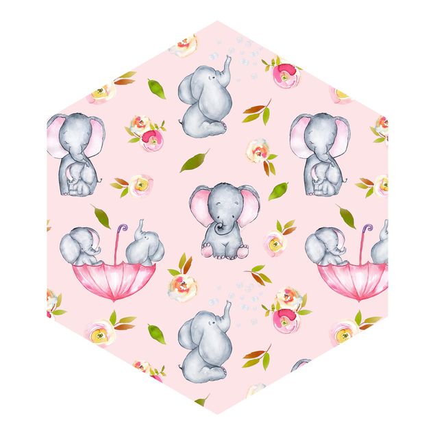 Self-adhesive hexagonal pattern wallpaper - Elephant With Flowers In Front Of Pink
