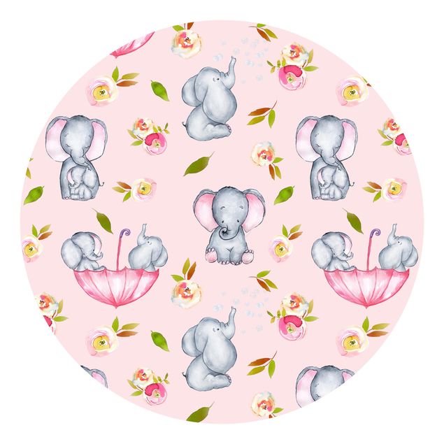 Self-adhesive round wallpaper kids - Elephant With Flowers In Front Of Pink