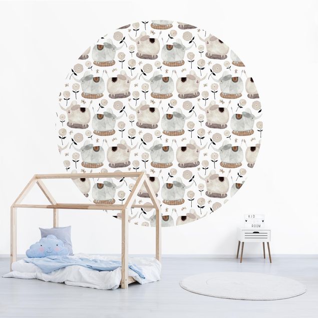 Self-adhesive round wallpaper - Elephants and Flowers
