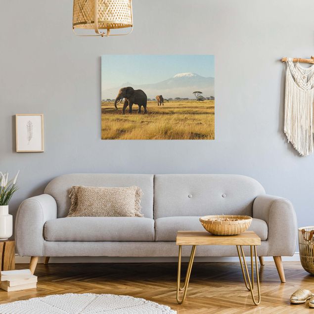 Natural canvas print - Elephants In Front Of Kilimanjaro In Kenya - Landscape format 4:3