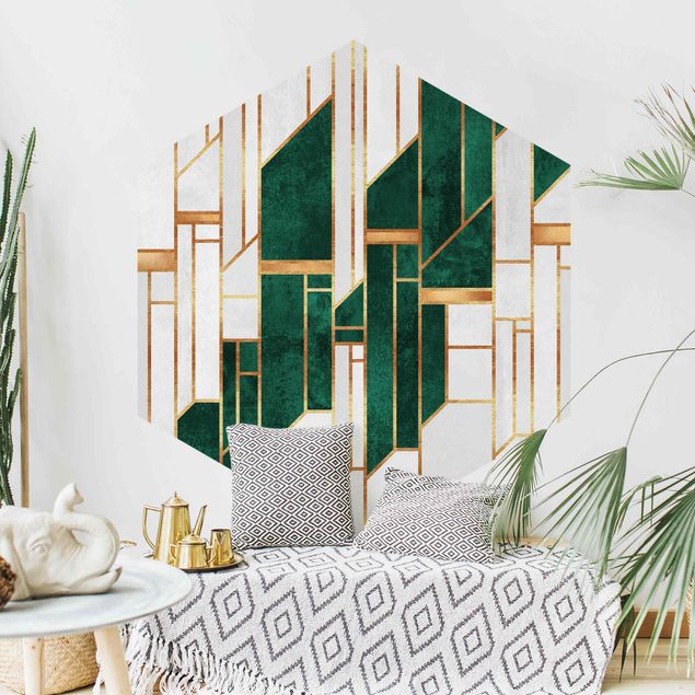Self-adhesive hexagonal pattern wallpaper - Emerald And gold Geometry