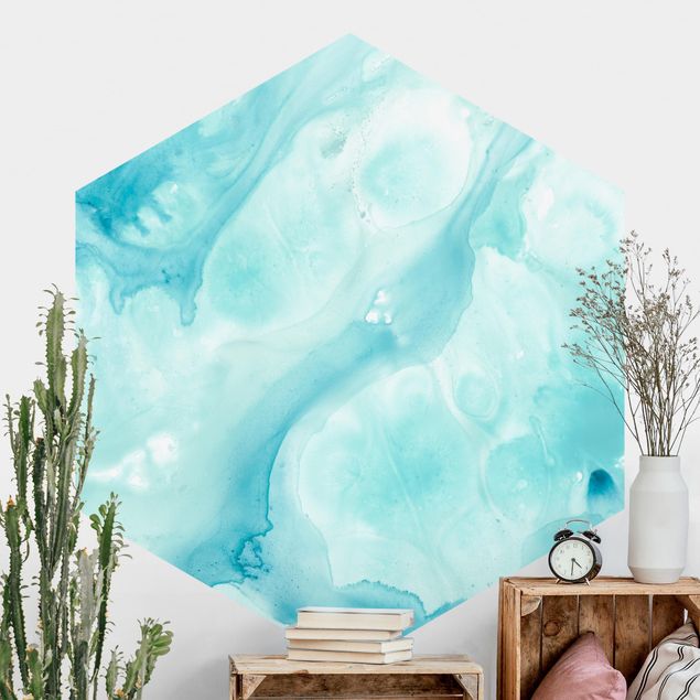 Self-adhesive hexagonal wall mural Emulsion In White And Turquoise I