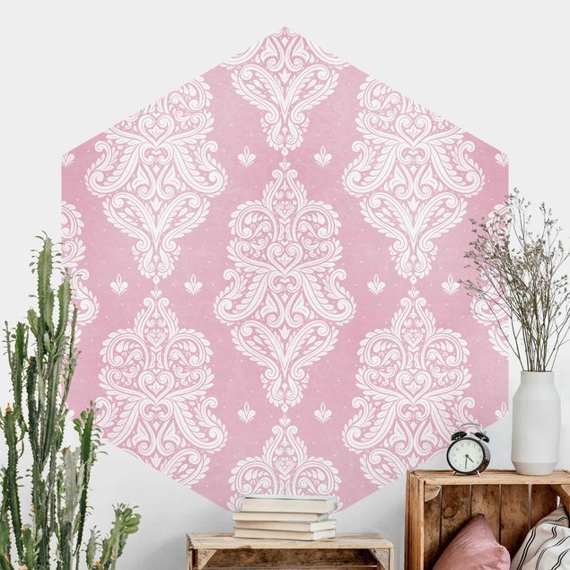 Hexagonal wallpapers Strawberry Pink Baroque Pattern