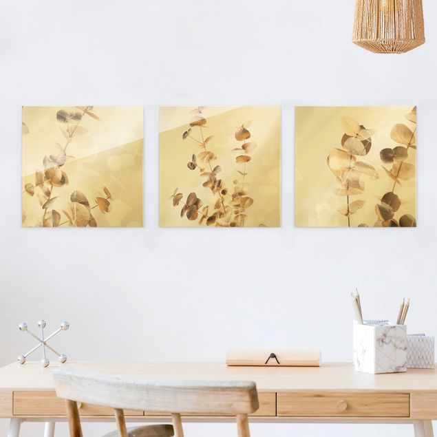 Glass print - Eucalyptus Branches In Gold - 3 parts