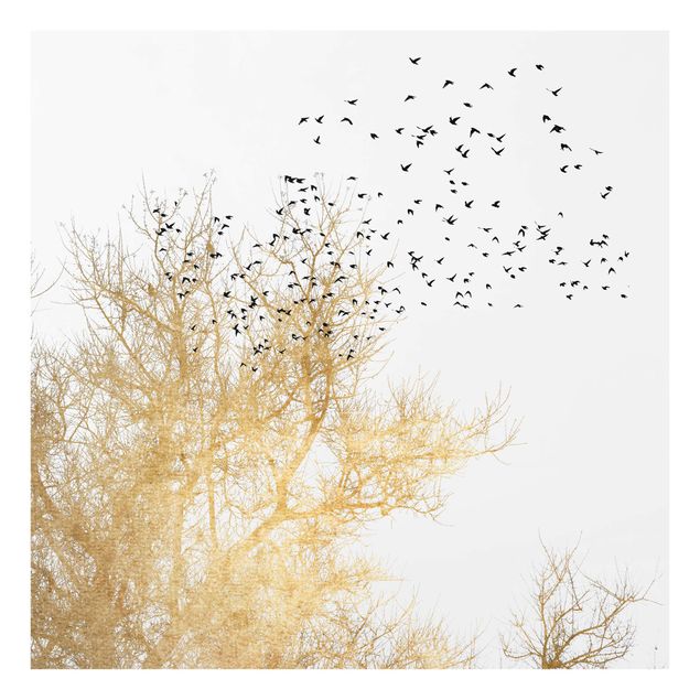 Glass splashback Flock Of Birds In Front Of Golden Tree