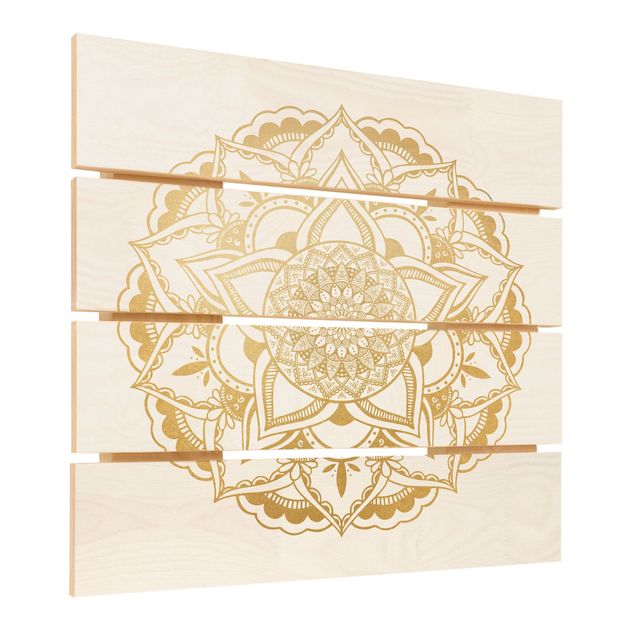 Print on wood - Mandala Flower Gold White