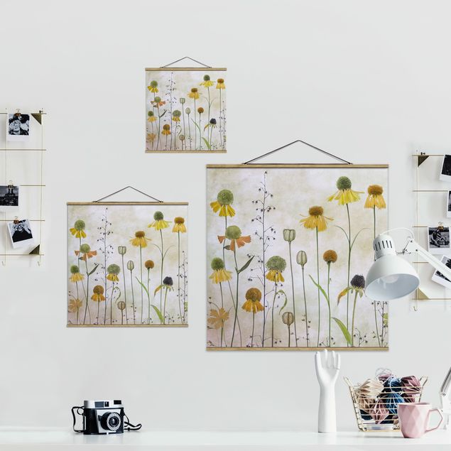Fabric print with poster hangers - Delicate Helenium Flowers