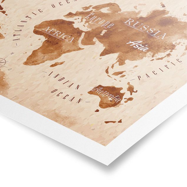 Poster - World Map Watercolour Beige Brown