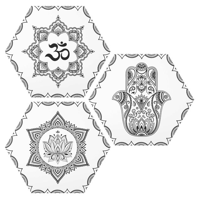 Alu-Dibond hexagon - Hamsa Hand Lotus OM Illustration Set Black And White
