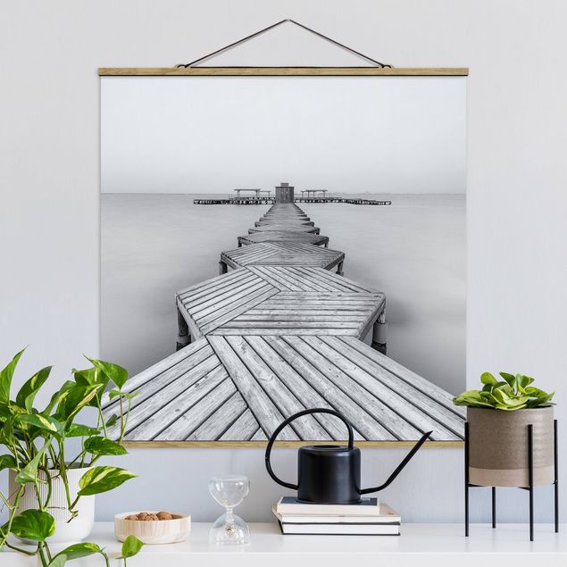 Fabric print with poster hangers - Wooden Pier In Black And White