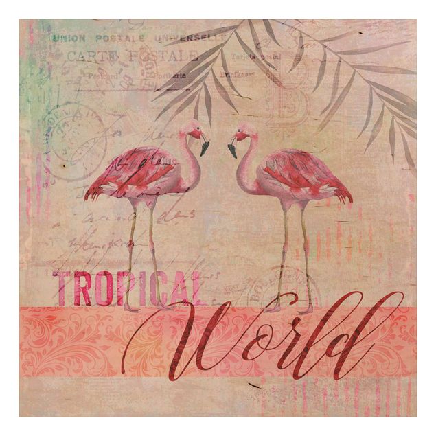 Print on wood - Vintage Collage - Tropical World Flamingos