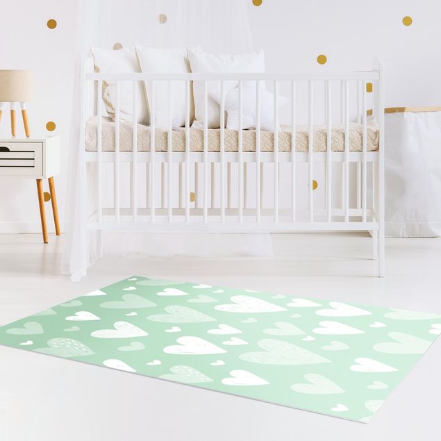 kitchen runner rugs Small And Big Drawn White Hearts On Green