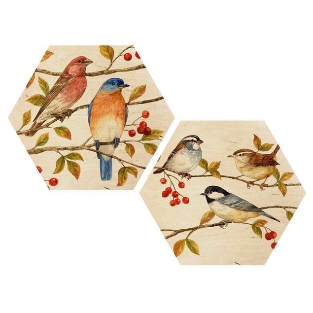 Wooden hexagon - Birds And Berries Set I