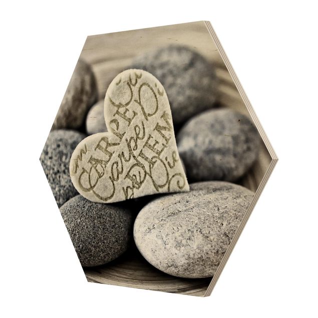Hexagon Picture Wood - Carpe Diem Heart With Stones