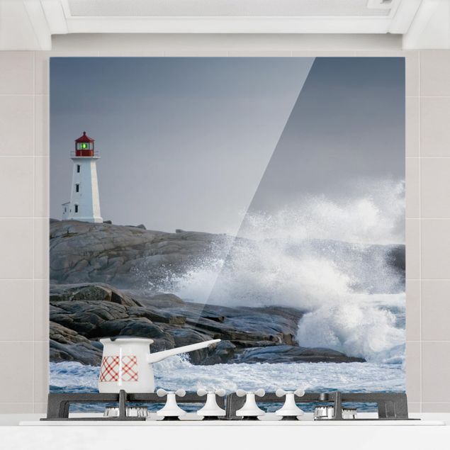 Glass splashback landscape Storm Waves At The Lighthouse