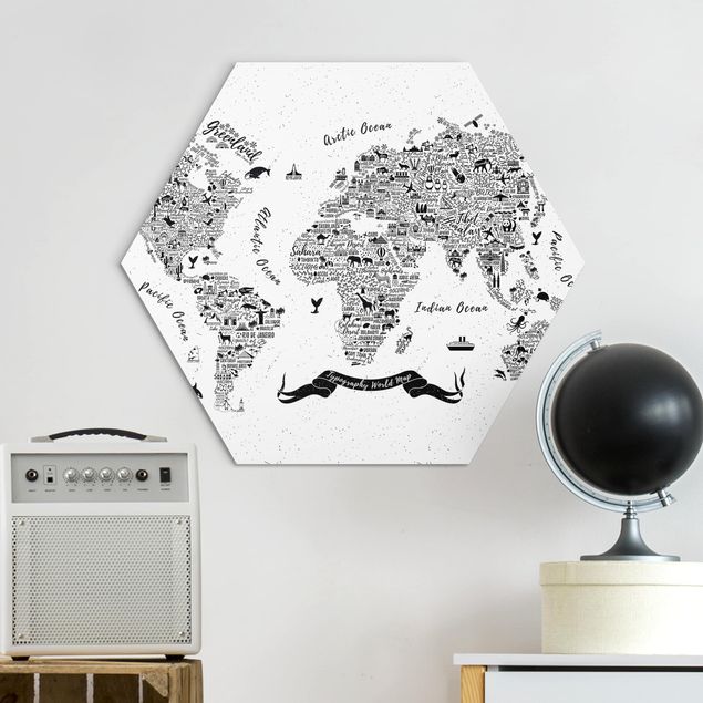 Alu-Dibond hexagon - Typography World Map White