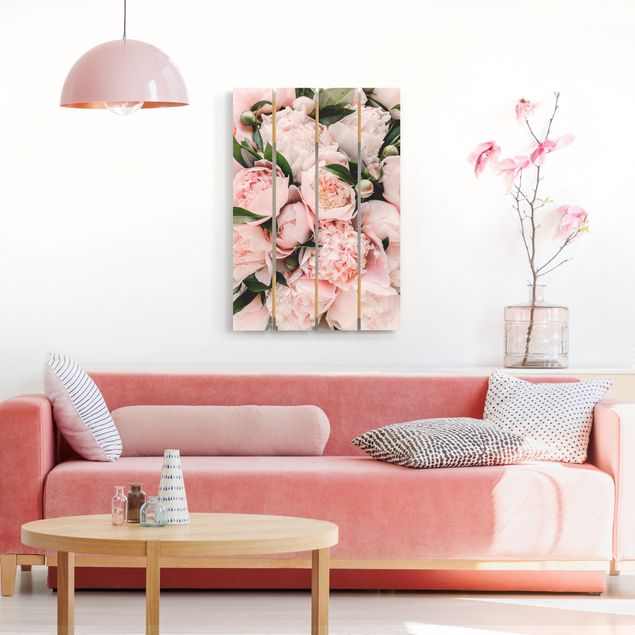 Print on wood - Pink Peonies With Leaves