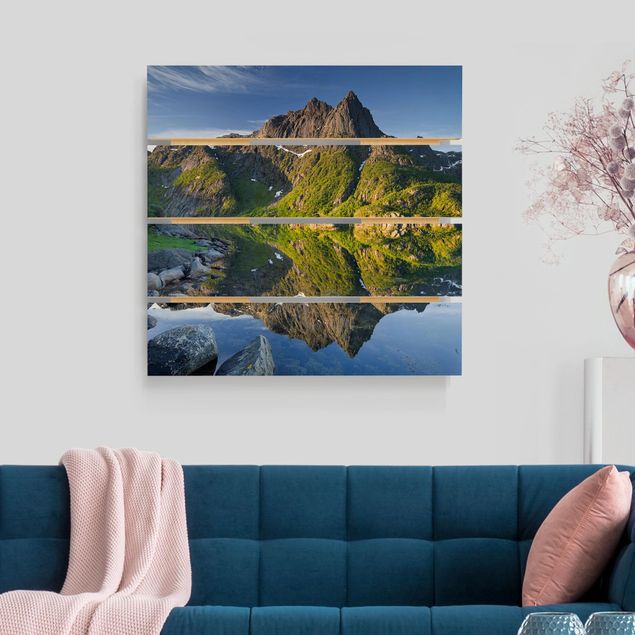Print on wood - Mountain Landscape With Water Reflection In Norway