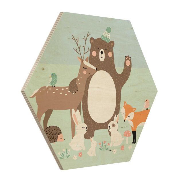 Wooden hexagon - Forest Friends with forest animals blue