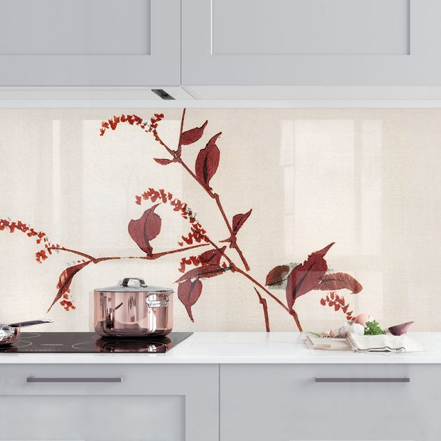 Kitchen splashback flower Asian Vintage Drawing Red Branch With Dragonfly