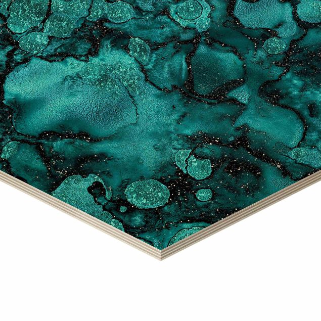 Hexagon Picture Wood - Turquoise Drop With Glitter