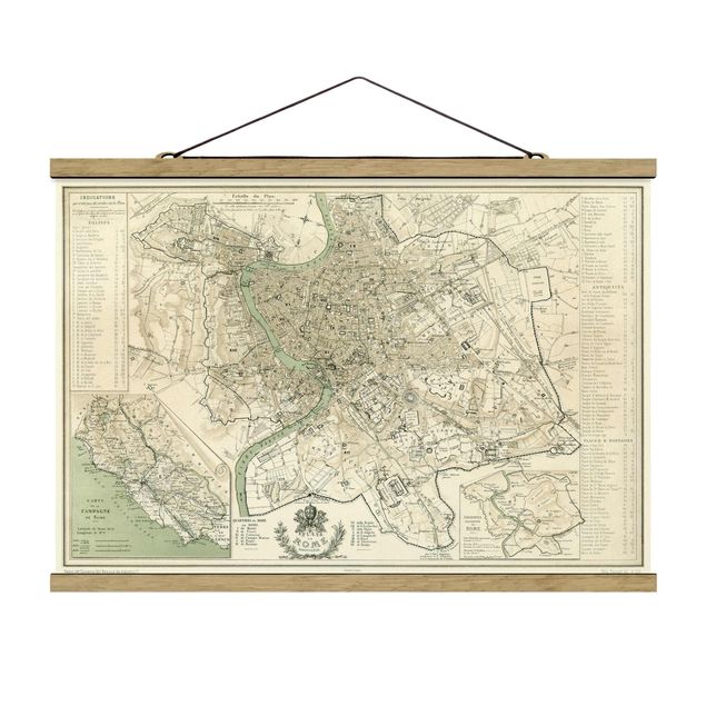 Fabric print with poster hangers - Vintage Map Rome Antique